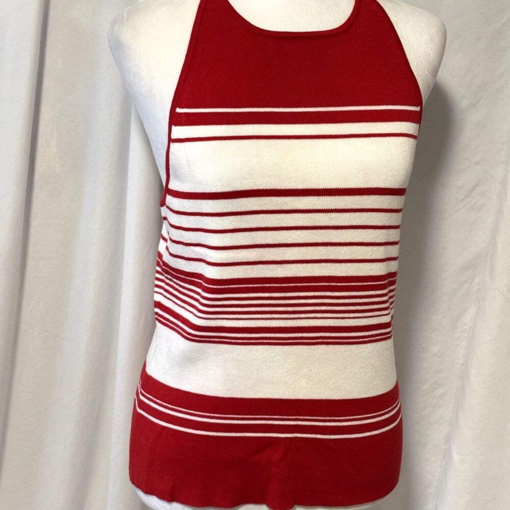 Ann Taylor LOFT Striped Knit Halter Top Red White Cotton Womens L